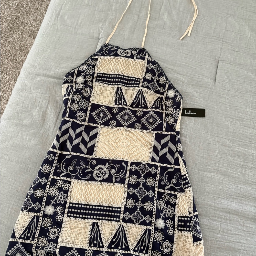 Lulu's Navy and Cream Embroidered Halter Dress